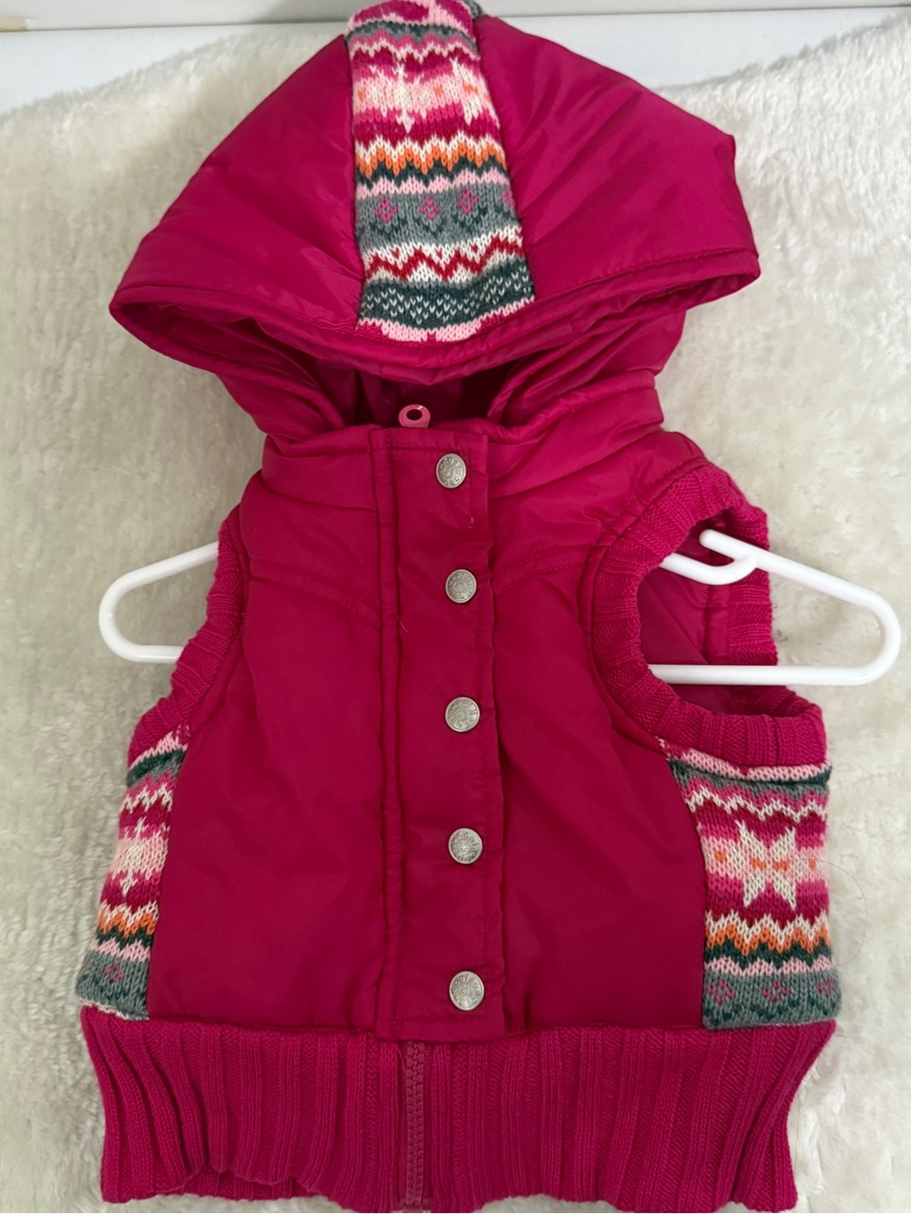 Koala Kids Fuchsia Pink Hooded Puffer Vest with Fair Isle Trim